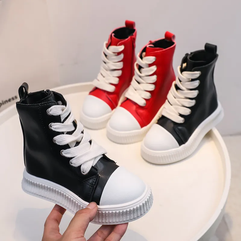 Tênis plataforma infantil preto vermelho couro zíper cadarço crianças meninos meninas casual happysteps fundo grosso criança alta_voghion.com