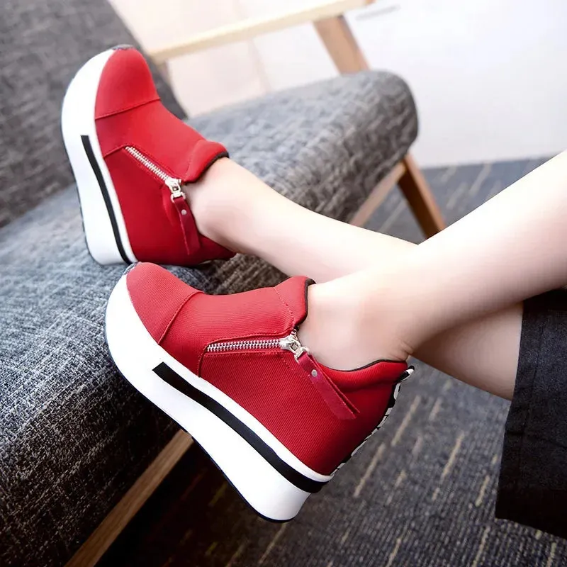 Pantofi sport dama cu platformă, roșii, casual, confortabili, din pânză neagră, cu toc înalt, Tenis Atos Mujer 241122_voghion.com
