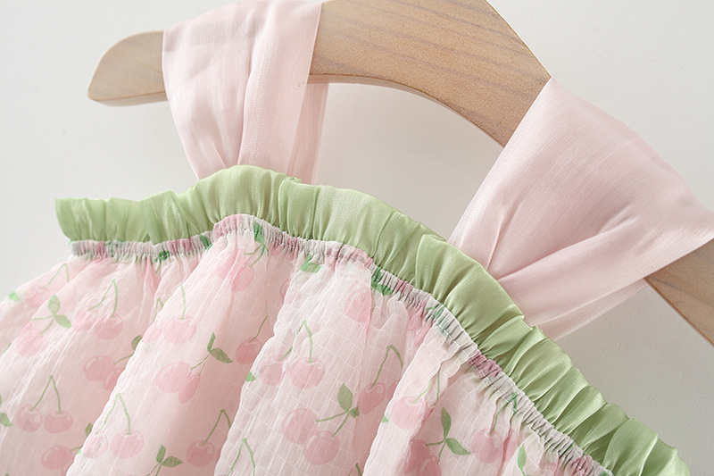 New Girls' Summer Dress Halter Pompadour Skirt Bow Cherry Cherry Lady Style Princess Dress Birthday Party Sleeveless Dress (Girls 0-3 Years Old)_voghion.com