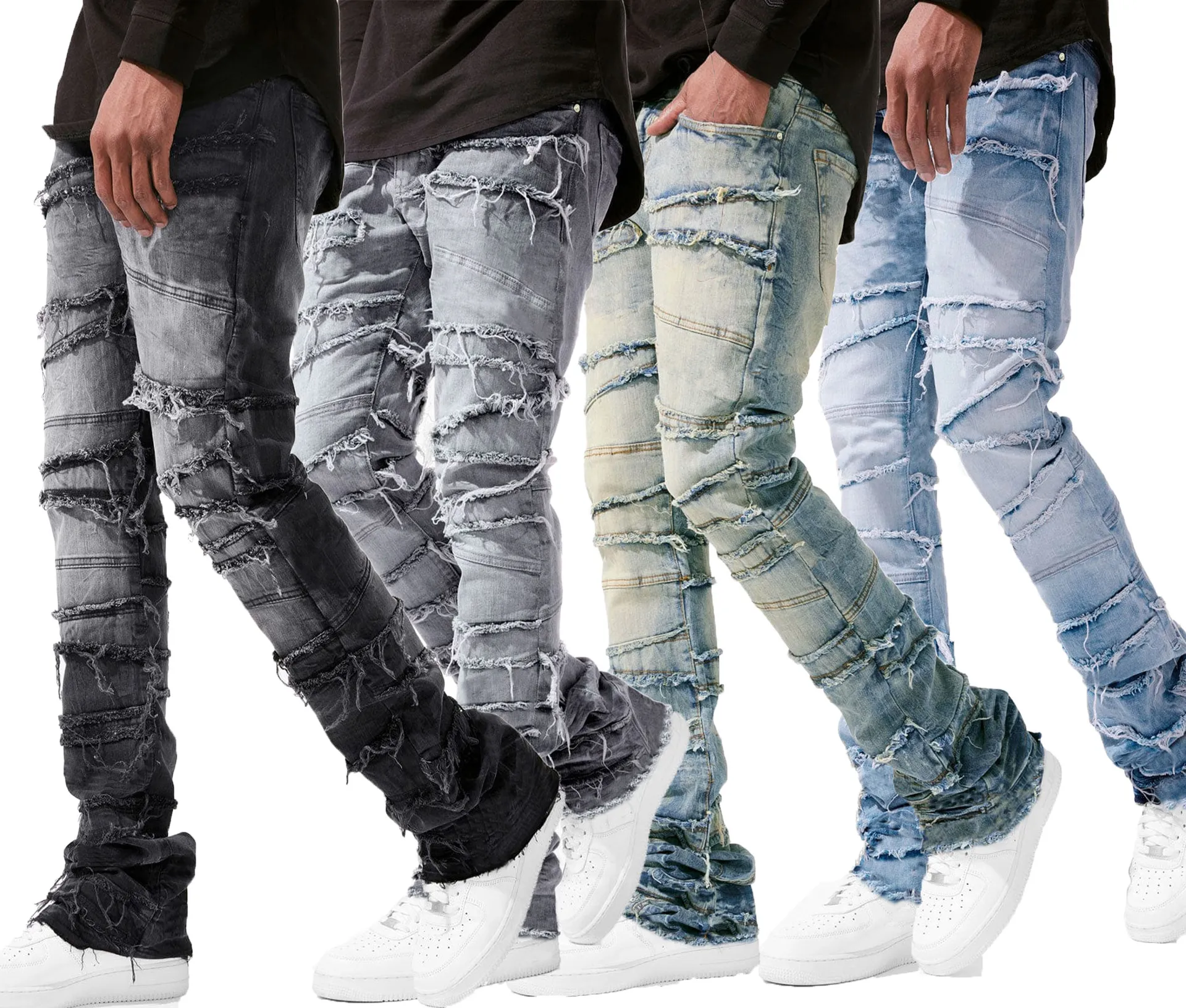 Jeans gescheurde slim patch denim voor heren skinny gestapelde broeken broek streetwear jongen_voghion.com