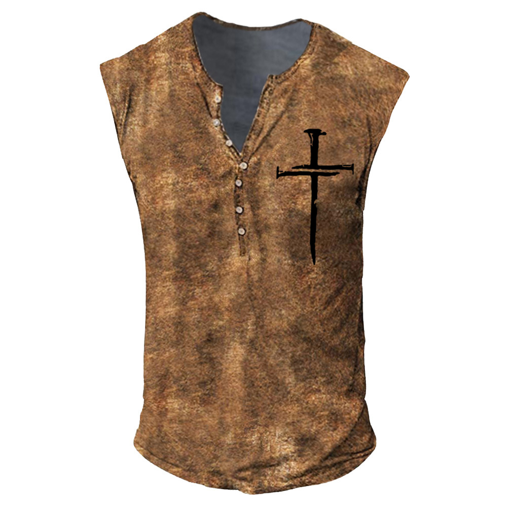 Youth Men's Cross Print Collarless Casual Tank Top Large Men's Vest_voghion.com