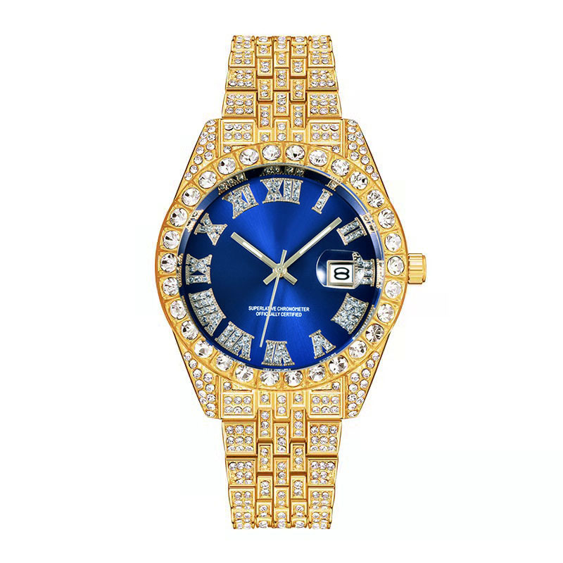 Hip hop Men Brand Full Diamond Alloy Band Date Watch_voghion.com