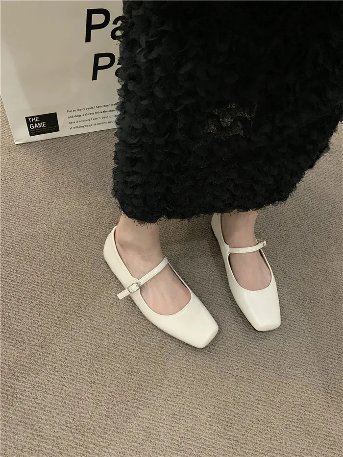 Ballerines tendance pour femmes, mocassins rétro à bout carré en cuir avec lanières, mocassins plats formels 240620_voghion.com