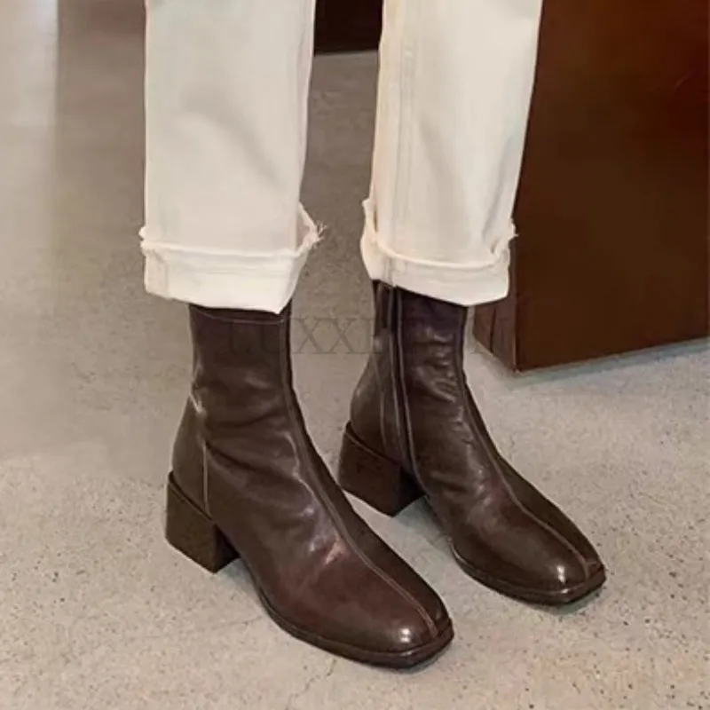Genuine Leather Heels Thick Soles Square Toe Women Short Zippered Design Casual Fashion Versatile Slim Boots 4.5CM_voghion.com