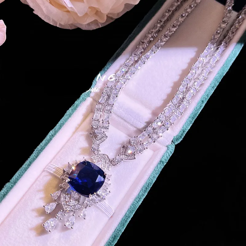 Collier en argent sterling avec pendentif en forme de diamant et saphir de laboratoire vintage pour femme, bijou de fiançailles, de mariage_voghion.com