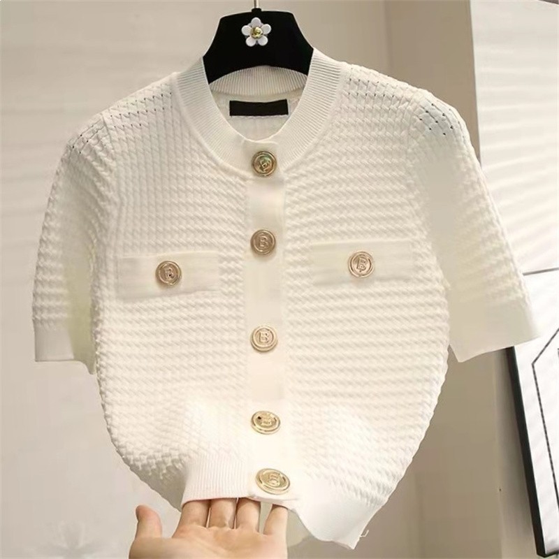 Vêtements pour femmes pull en soie glacée à manches courtes pour femmes, nouveau style d'été, t-shirt blanc pour femmes, hauts polyvalents pour femmes