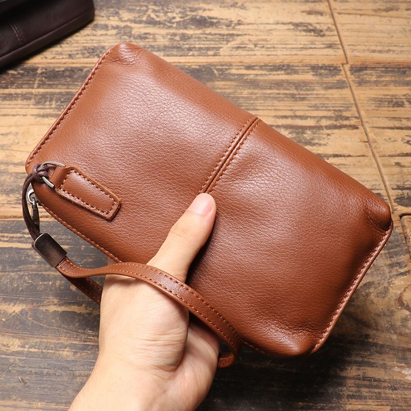 Herrenhandtasche echtem Leder, weicher Lederreißverschluss, lange Brieftasche, lässige Telefontasche aus Rindsleder der_voghion.com