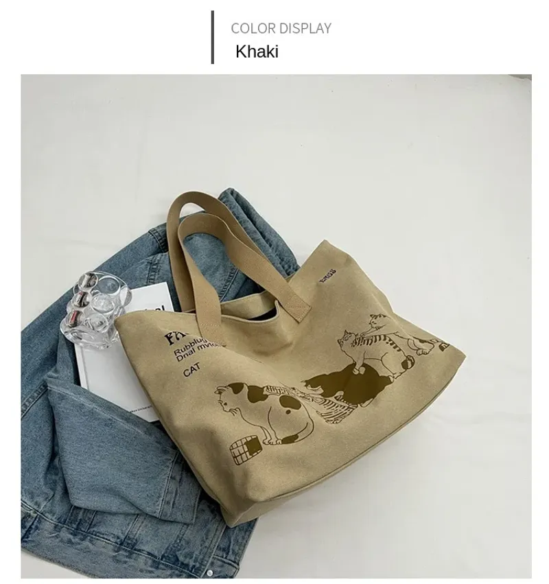 Große Tragetasche für Damen zum Einkaufen, Aufbewahren, Pendeln, Canvas-Handtasche, Cartoon-Katzen-Aufdruck, tragbare_voghion.com