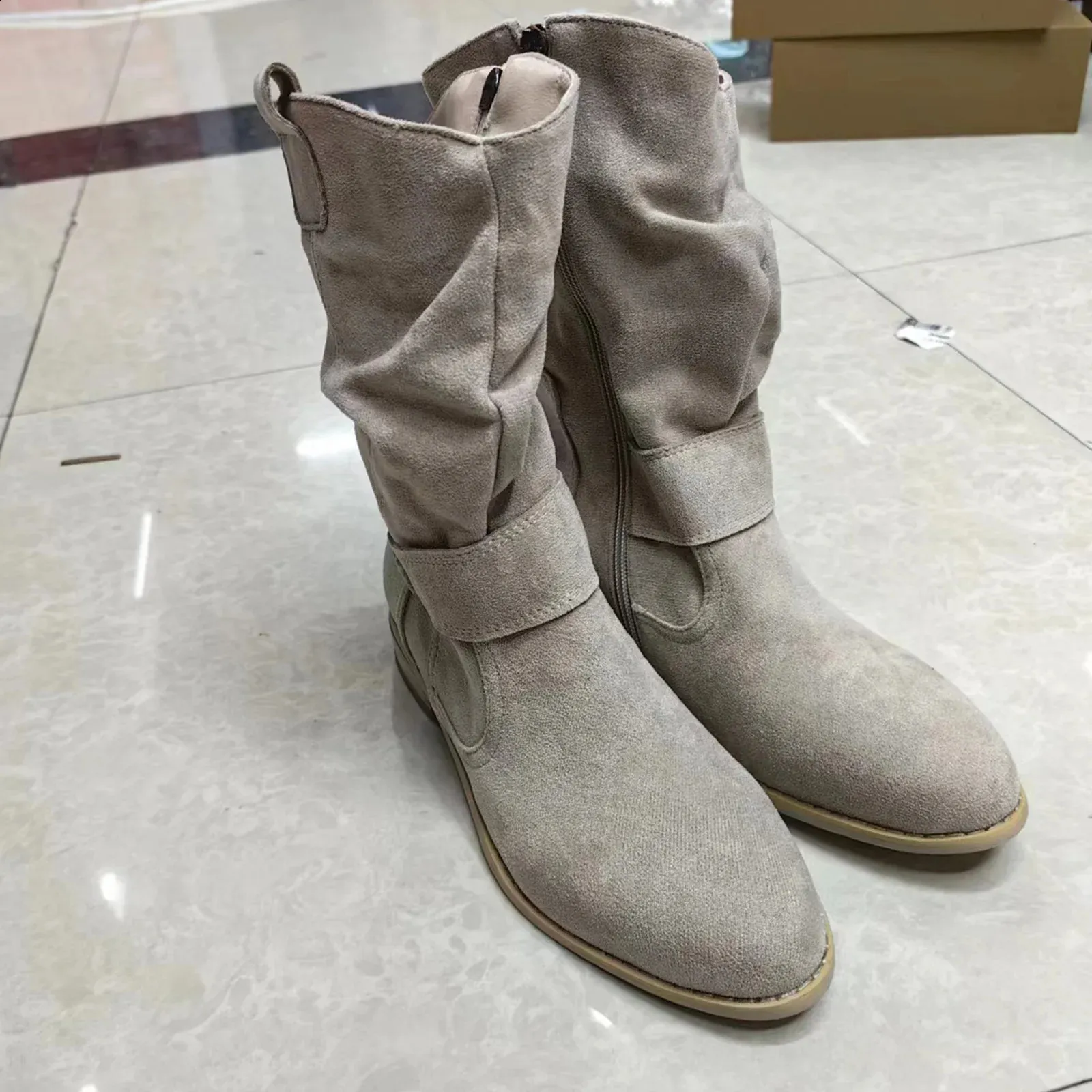 Autumn Winter Artificial Suede Casual Low Heels University Style Shoes Zipper 40-43 Womens Knee High Boots 241116_voghion.com