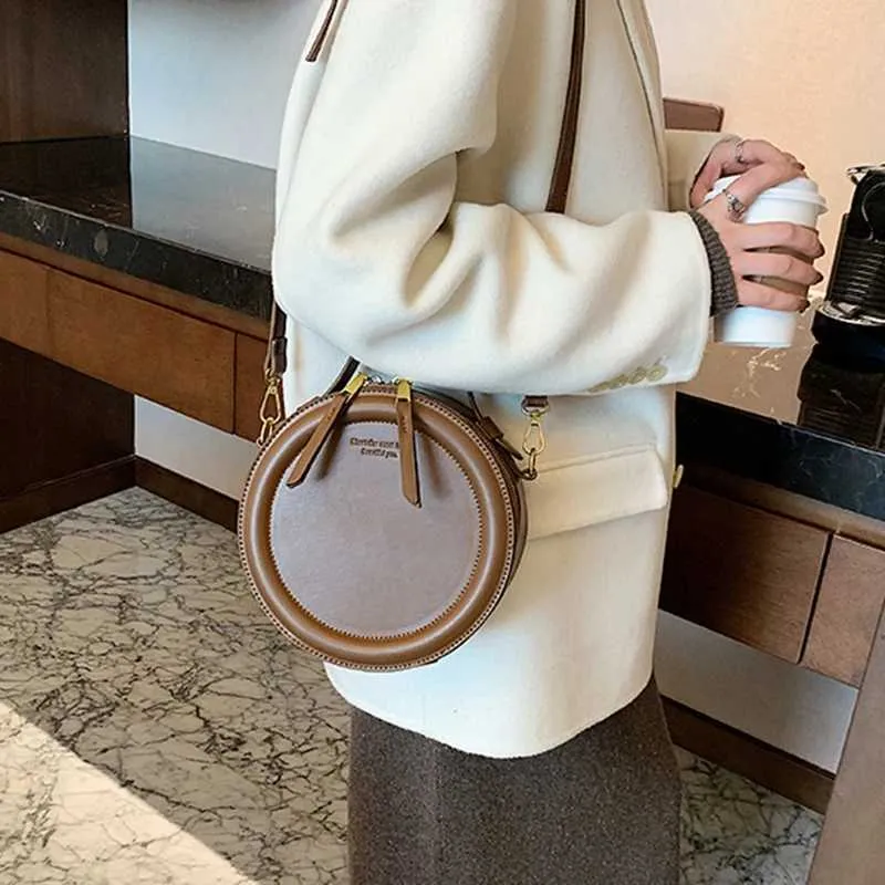 Einfarbig PU Leder Schulter Umhängetasche Für Frauen Runde Kleine Handtasche Mode Designer Taschen Weibliche Zipper_voghion.com