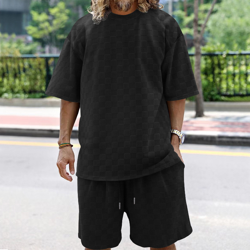 Trendy Men's Jacquard Checkerboard Pattern Spring Summer Loose Sports And Leisure Two-piece Set For Men_voghion.com