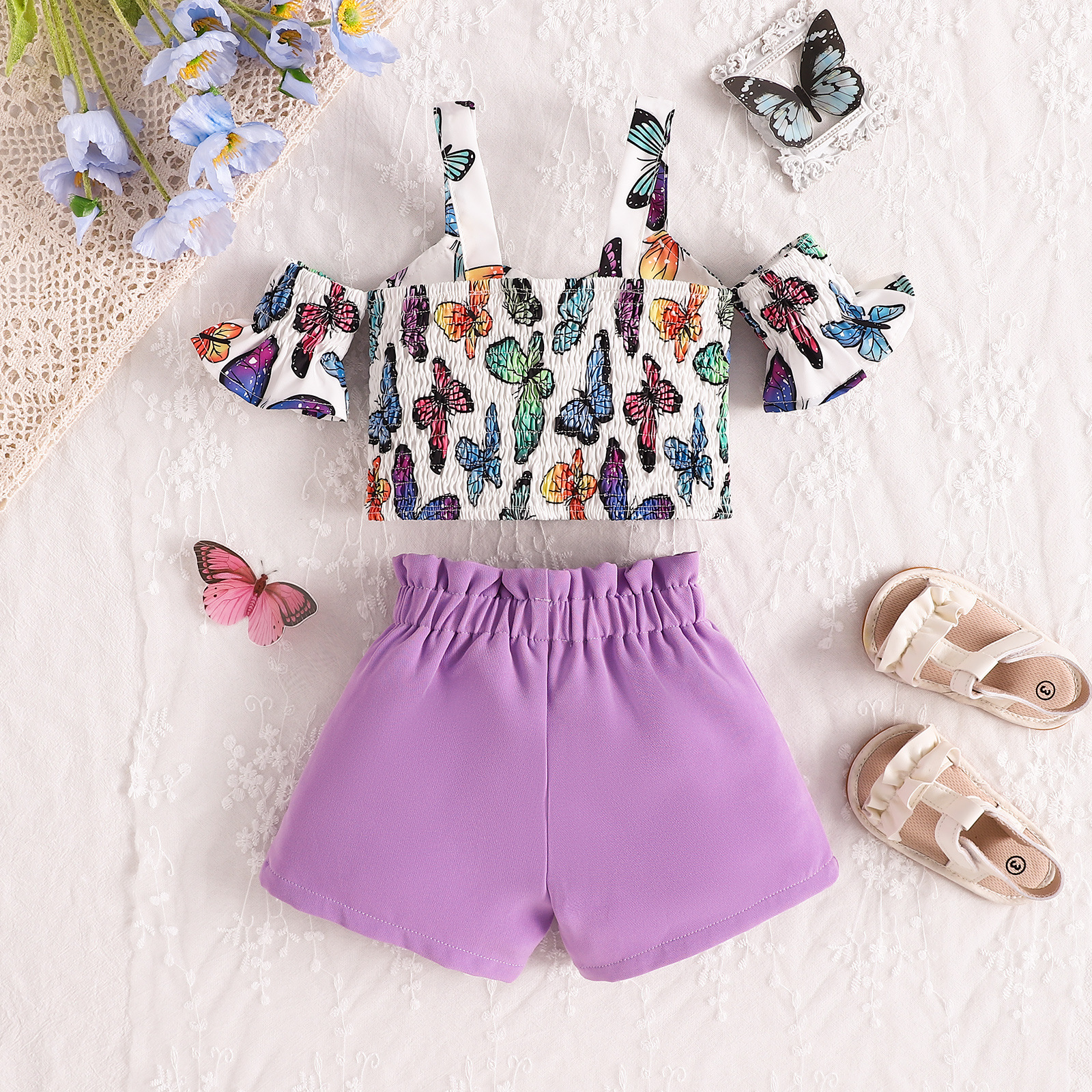 Mamma e bambini 2024 Estate Nuove neonate europee e americane Dolce farfalla Stampa Bretelle Top e pantaloncini Set a due pezzi_voghion.com