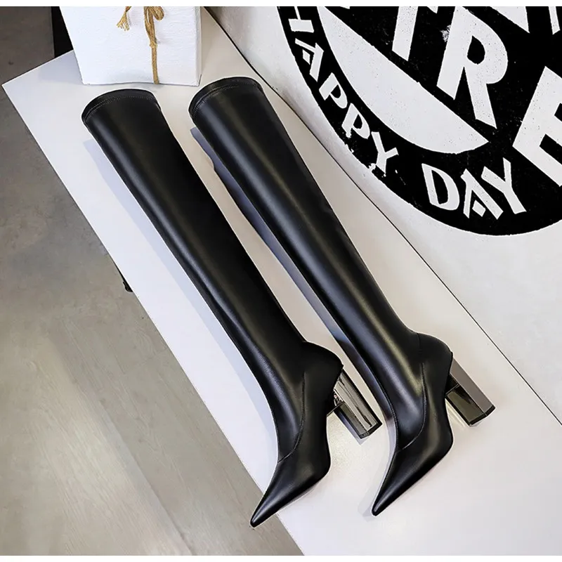 Brand Women Leather Thigh Thick High heels Stretch Skinny Over the knee boots Autumn Winter Warm Female Boots Shoes_voghion.com