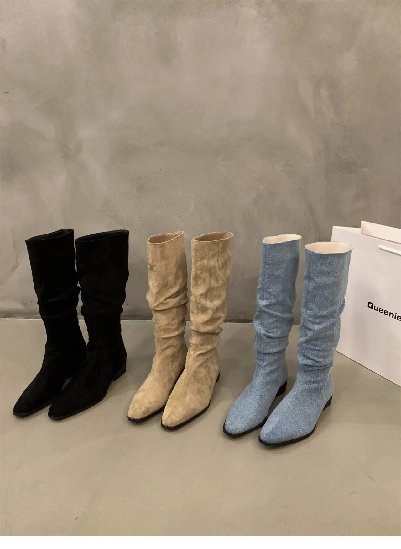 Womens knee high autumn and winter shoes fashionable womens sliding up folding low toe boots Botas De Mujer D81 241007_voghion.com