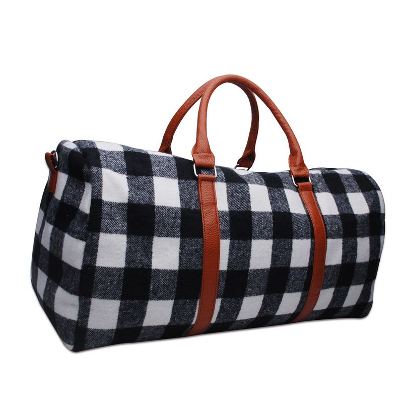 Schwarze und weiße Gepäcktasche, große Kapazität, PU-Griff, Wochenend-Reisetasche, rote karierte tragbare Umhängetasche_voghion.com