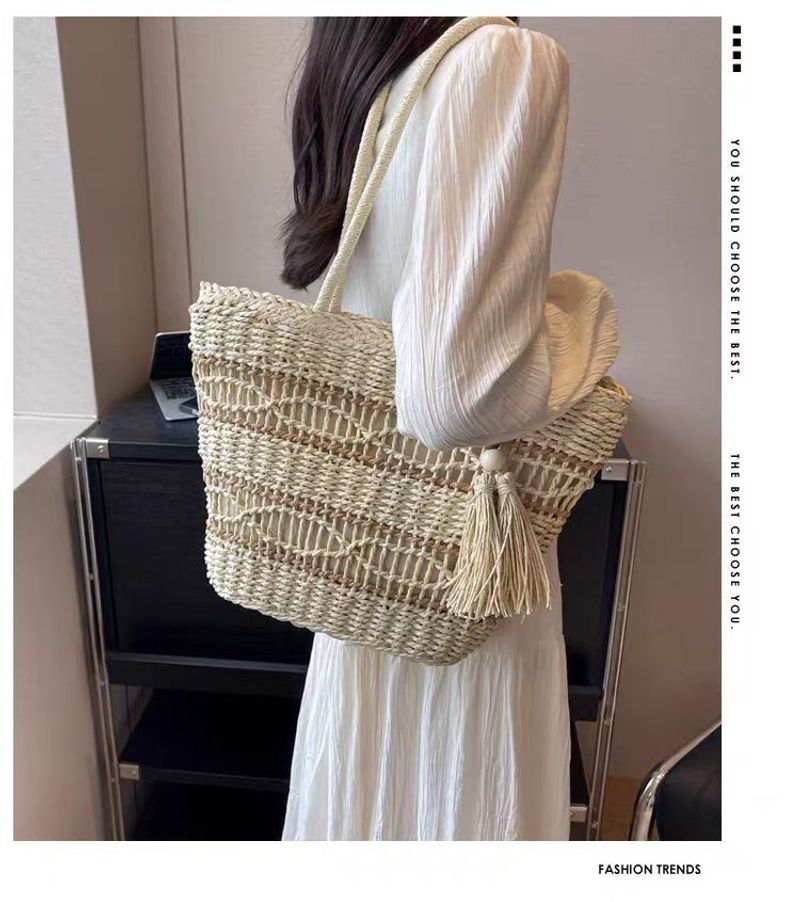 Damen Umhängetasche aus hohlem Papierseil gewebte modische grasgewebte Tasche, lässige Damentasche Strandtasche große_voghion.com
