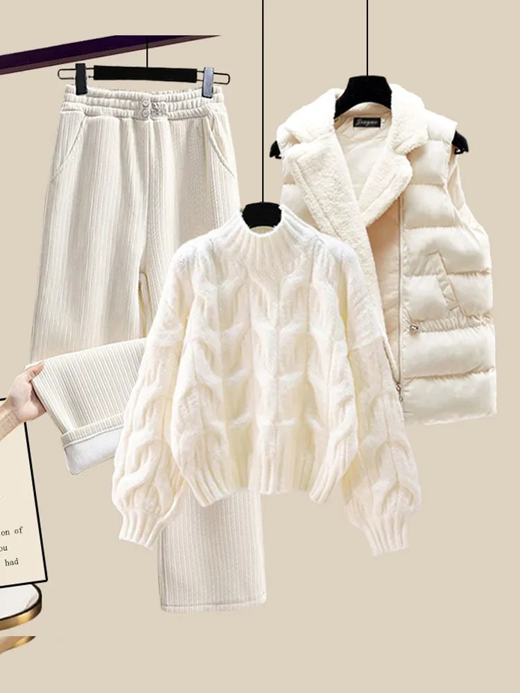Conjunto de tres piezas cálido de invierno para mujer, trajes de oficina para mujer, suéter de punto grueso, chaleco de lana de cordero y pantalones, conjuntos para mujer