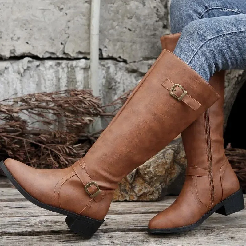 Boots Women Knee High Fashion Low Heels Square Platform Long Brown Black Leather Zip Winter Warm Shoes Booties_voghion.com
