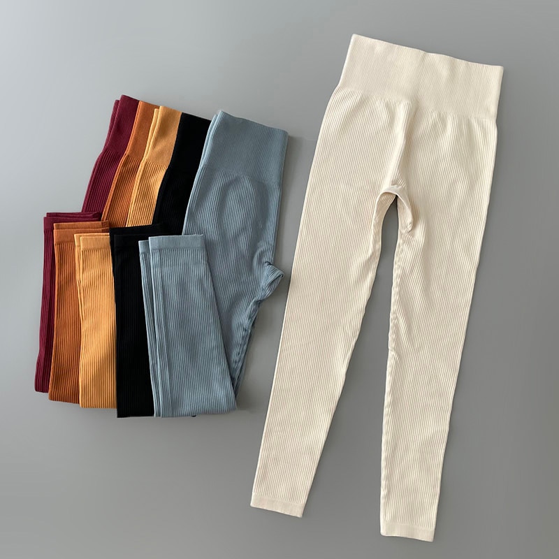 Pantalon de Yoga côtelé taille haute, Leggings de Sport pour femmes, sans couture, contrôle du ventre, entraînement de course à pied