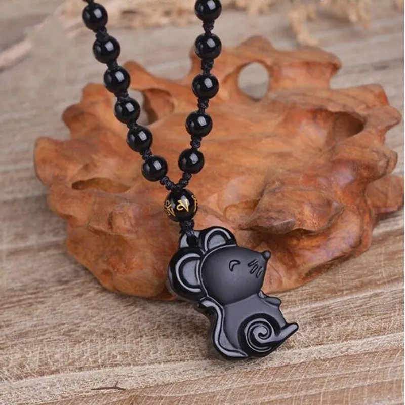 Anhänger Halsketten Natürlicher Obsidian Tier Sternzeichen Ratte Jade Schmuck Glücksbringer Amulett Halskette Fein_voghion.com