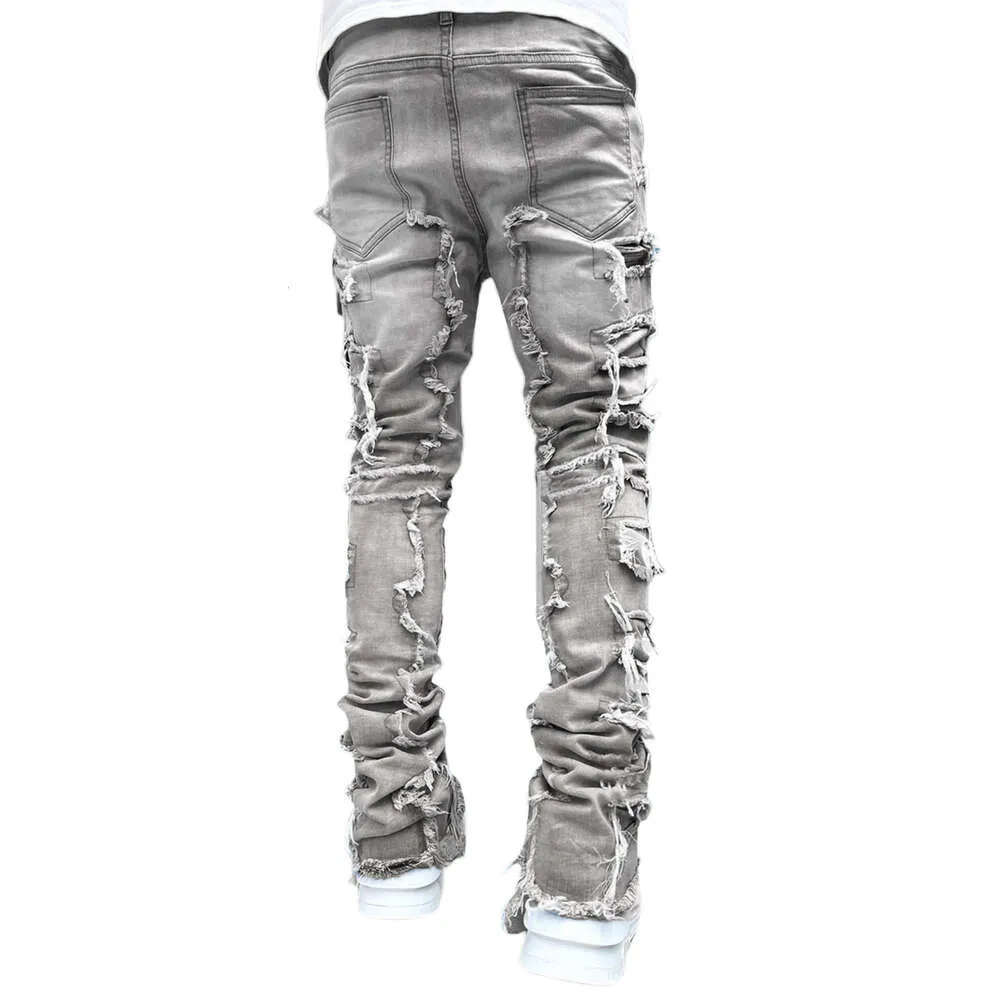 Pantalon droit en denim à patch élastique pour homme, nouvelle mode de rue_voghion.com