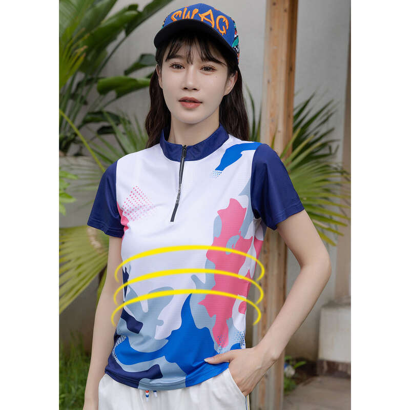 Abbigliamento sportivo da donna in seta di ghiaccio, traspirante, a maniche corte, con colletto alto, ad asciugatura rapida, per escursionismo e tempo libero all'aperto._voghion.com