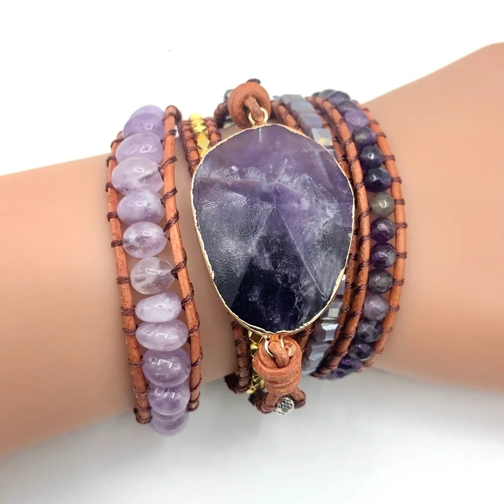 Braccialetti avvolgenti a 5 fili con ciondolo in cristallo di quarzo con pietre naturali, fatti a mano, in pelle, stile boho, da donna, 230814_voghion.com