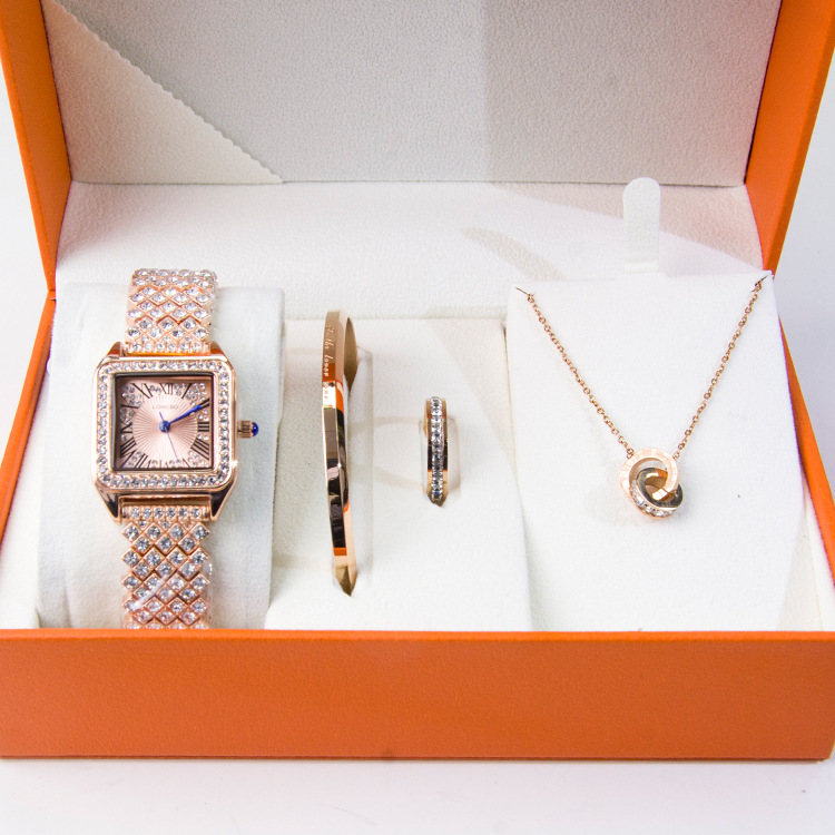 Ensemble de montre analogique à Quartz de luxe pour femmes, coffret cadeau avec Bracelet, collier, bague, ensemble de bijoux pour dames_voghion.com