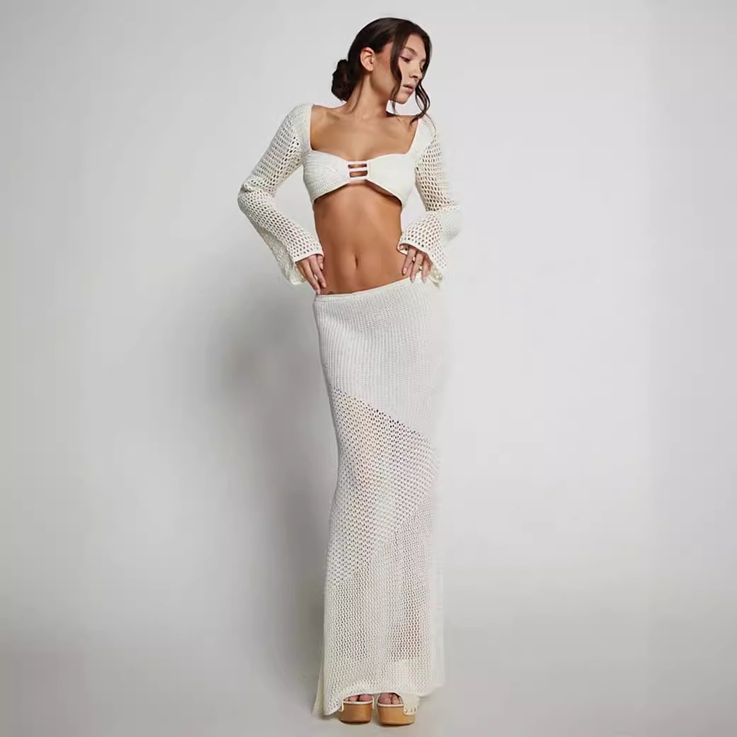 European And American Cross Border 2024 Summer Women's New Style Lace Long Sleeved Hip Wrapped Casual Knitted Long Skirt Suit