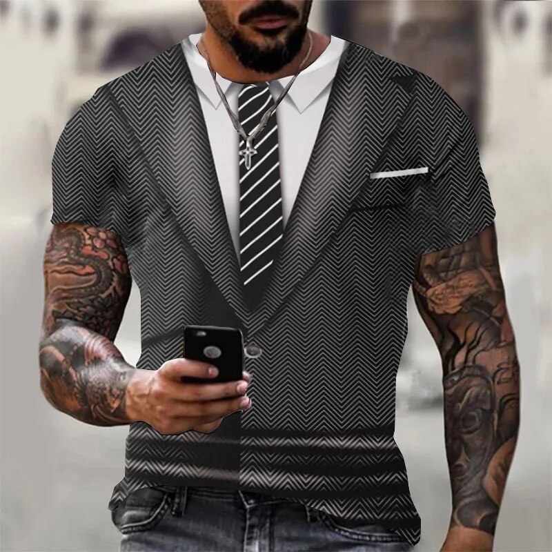 Fashion Men's T-shirts 3d Print Suit And Tie Pattern Plain Short Sleeved T-shirt For Men's Clothing High Street Streetwear Tops_voghion.com