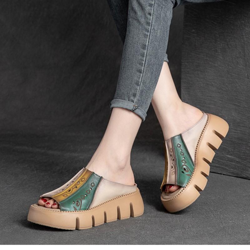 Johnature en cuir véritable semelles épaisses sandales femmes rétro compensées diapositives confortables en plein air plate-forme pantoufles