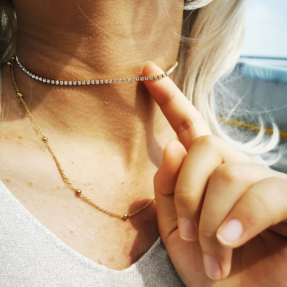 Multilags choker halskæde vintage rustfrit stål med krystaller_voghion.com