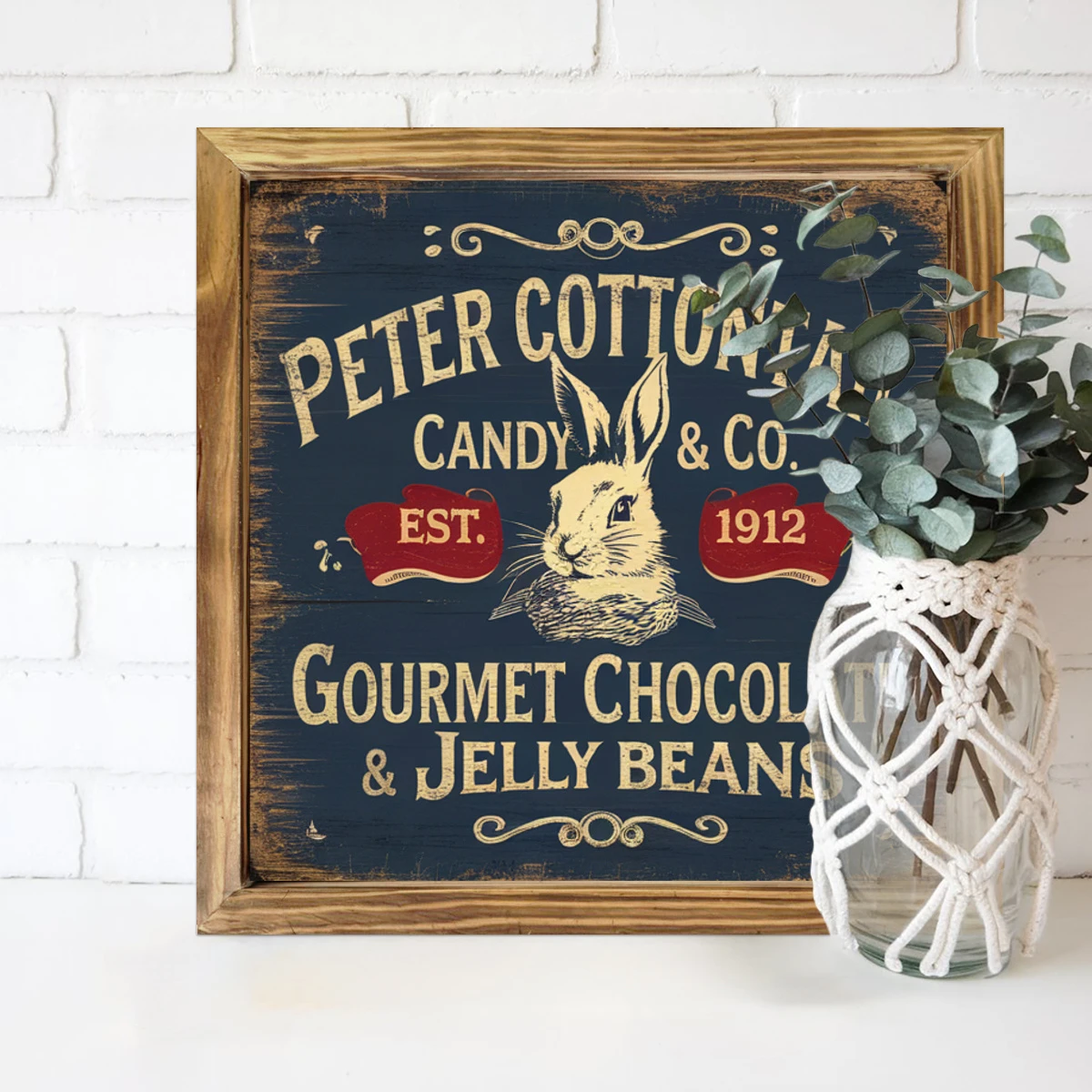 Vintage 'Peter Cottontail Candy Co.' Wooden Sign - 8x8" Farmhouse Wall Art. Perfect For Kitchen, Office Or As A Housewarming Gift._voghion.com