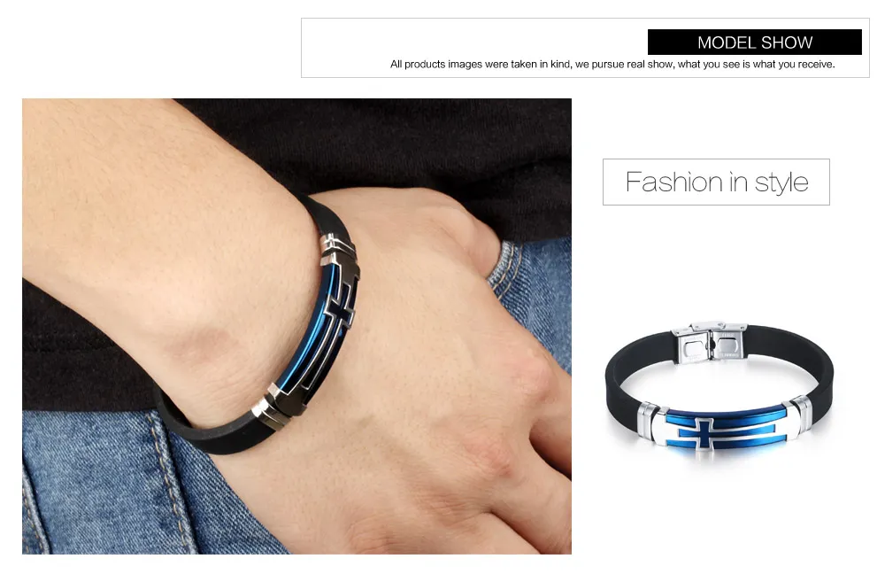 Braccialetti da uomo in silicone nero Classico in acciaio inossidabile Grande croce Gioielli da uomo Accessori con ciondolo religioso 2 colori1_voghion.com