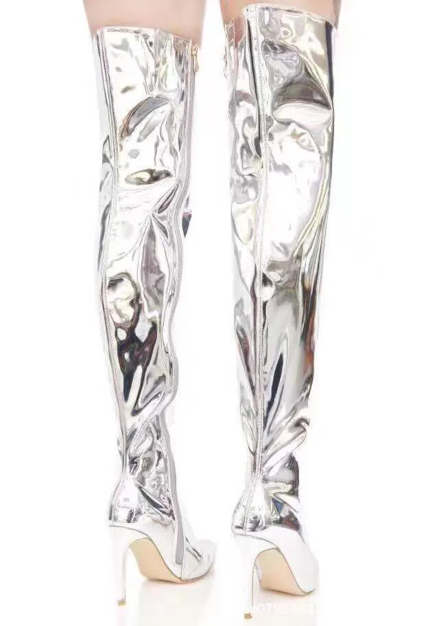 Women Mirror Platform Pointy Toe Punk High Thin Heels Over the Knee Long Boots Autumn Winter Zip Sier Casual Party Shoes_voghion.com