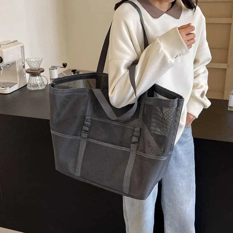 Portable mesh large capacity reusable storage swimming beach bag womens makeup organizer shopping handbag Y241011_voghion.com