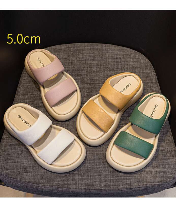 2025 Summer Network Star Explosion Models Round Head Wide Word Belt Thick Bottom Soft Elastic Step Shoes_voghion.com