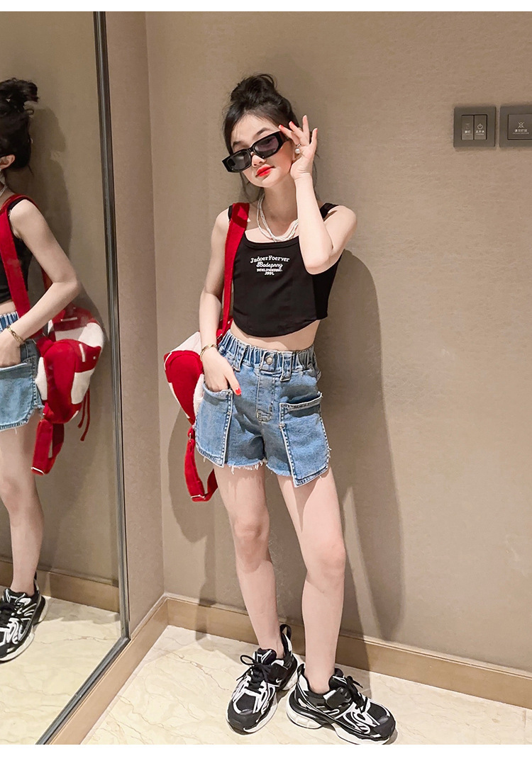 Mutter & Kinder Mädchen sommer chic neckholder-hipster kinder sommer lässig brief denim shorts Spice Girls zwei-stück set_voghion.com
