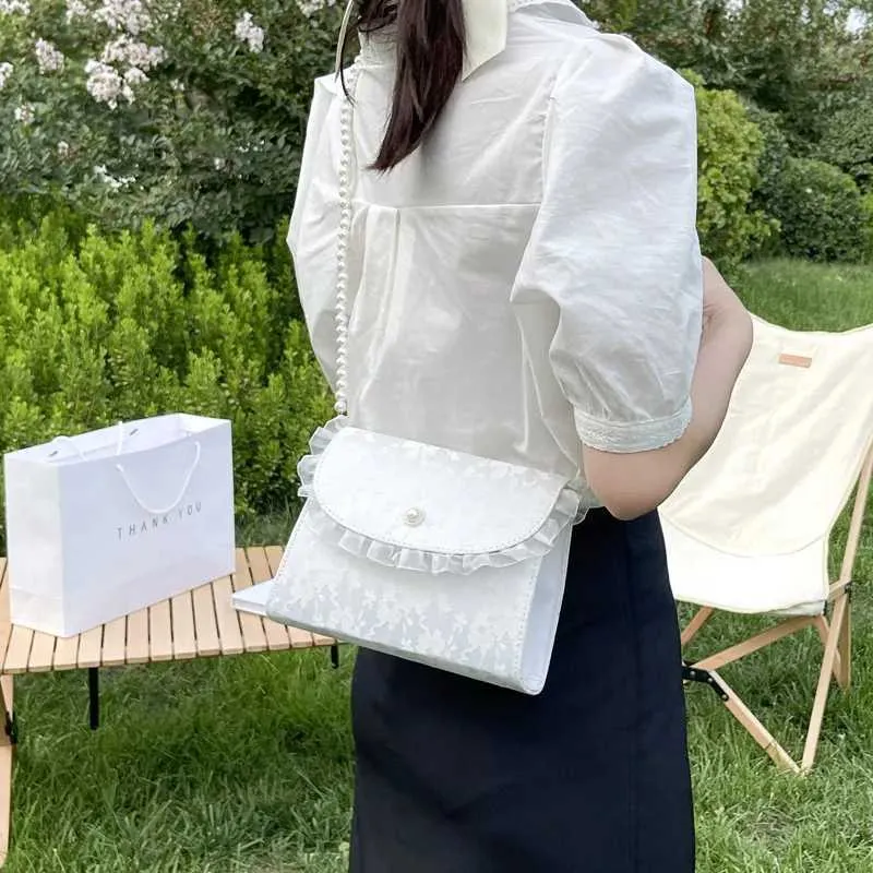 Borsa a tracolla in pizzo con cinturino in perle, elegante e semplice, con tracolla, in PU, sotto le ascelle, 2023, estate, bianca, Ba241212_voghion.com
