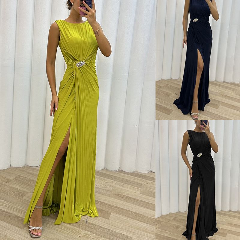 Women’s pleated slit casual INS sleeveless fashion evening dress