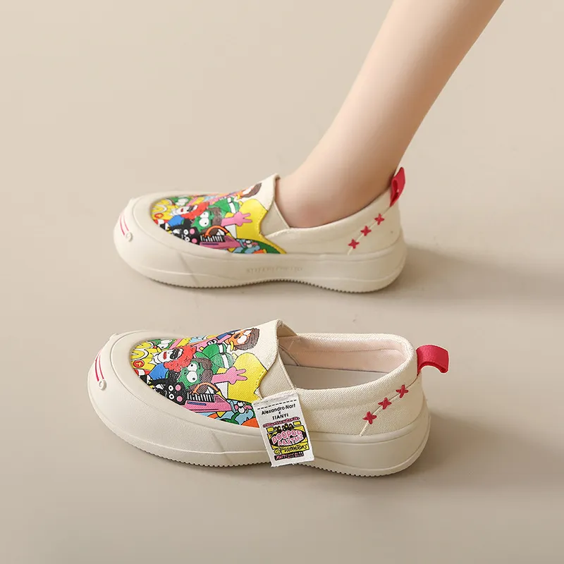 Thick Soled Shallow Mouthed Cartoon Printed Skateboard Shoes With Breathable And Comfortable Mesh Fabric For Casual Wear_voghion.com