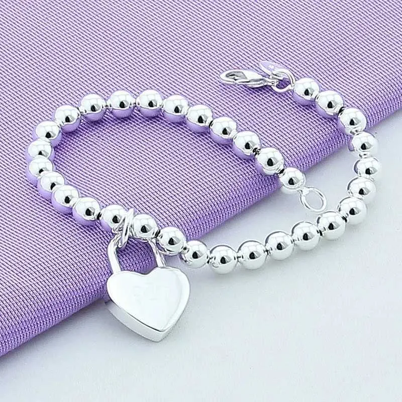 Veriga Sterling Sier Heart Lock style 6MM kroglice zapestnice nakit ženske vrhunske kakovosti ljubitelji poročna zabava božično darilo H240504_voghion.com
