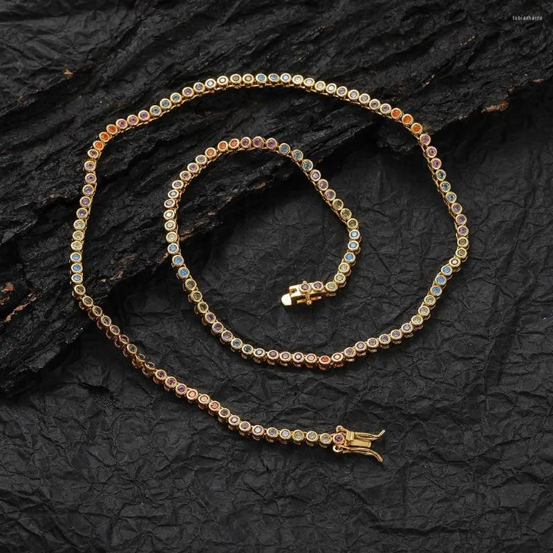 Cadenas de 2 mm con forma de bola circular de colores, cadena de circonitas con brillantes, collar de latón con efecto helado, joyería de moda de hip hop BN107_voghion.com