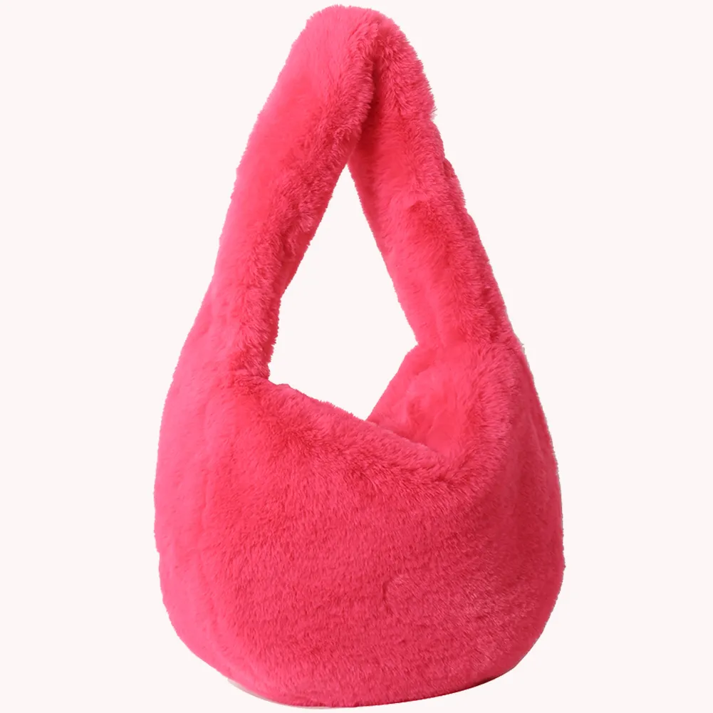 Women Fuzzy Shoulder Zipper Plush Tote Soft Top Handle Bag Casual Versatile Fall Winter Handbag_voghion.com
