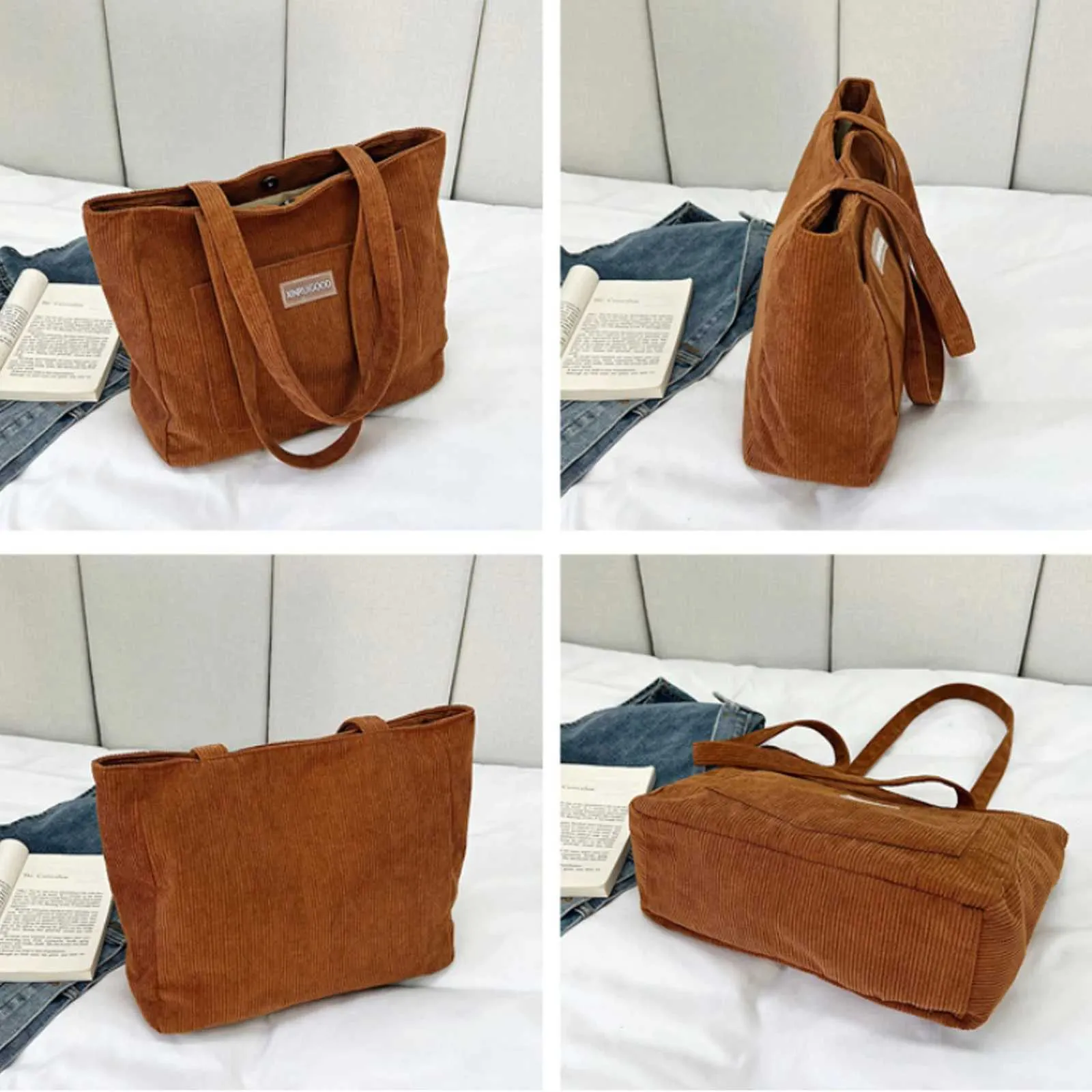 Borsa a tracolla grande, borsa da donna alla moda in velluto a coste tinta unita con tasca frontale, borse firmate, borse da donna, sacC241108_voghion.com
