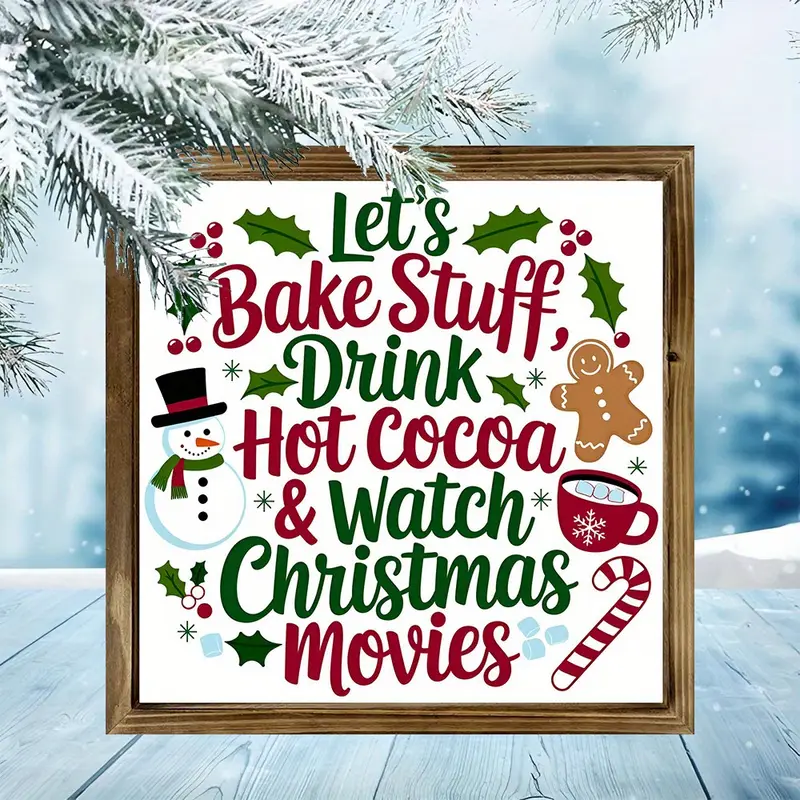 8x8" Rustic Christmas Baking Wood Sign - 'Let's Bake, Drink Cocoa & Watch Movies' Farmhouse Wall Art For Kitchen/Home_voghion.com