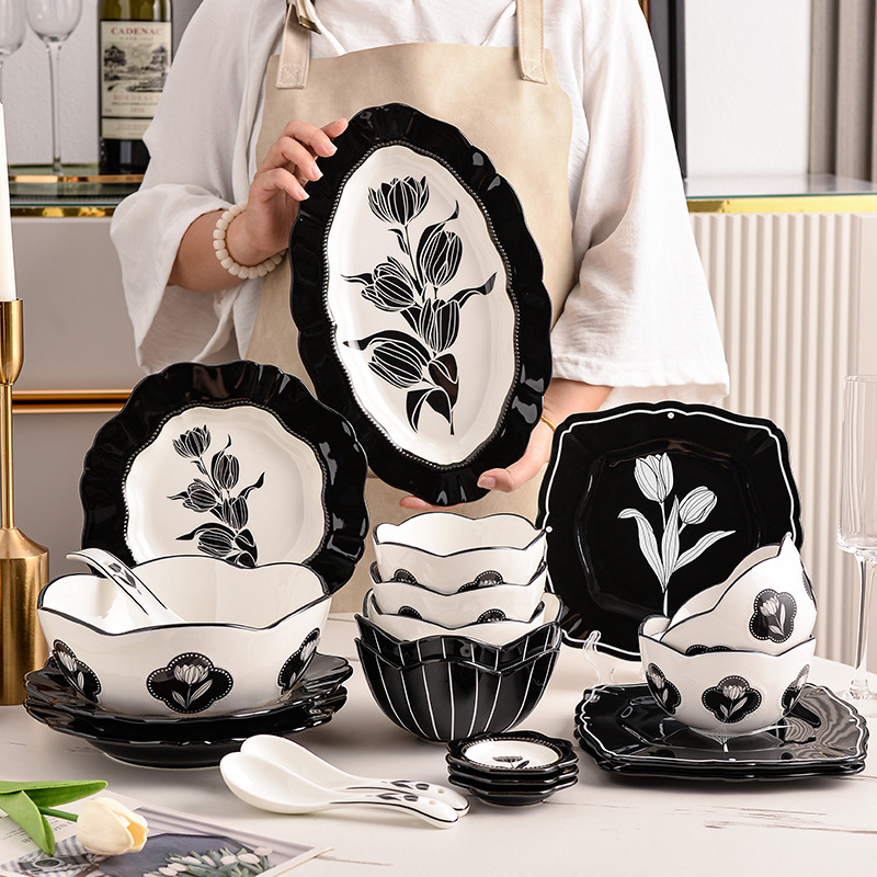 Handcrafted Tulip Ceramic Dinnerware Set – Modern Minimalist Plates & Bowls, Floral Tableware For 2/4/6/8 People (Microwave & Dishwasher Safe)​