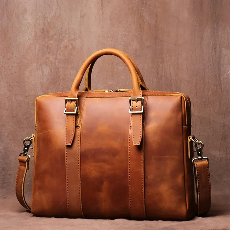 Vintage Man Handbag Briefcase Men Shoulder Genuine Leather Bags Brown Business Fashion 14 Inch Laptop_voghion.com