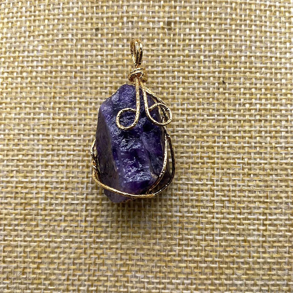 Natural Raw Stone Crystal Pendant Necklace Handmade Wire Wrap_voghion.com