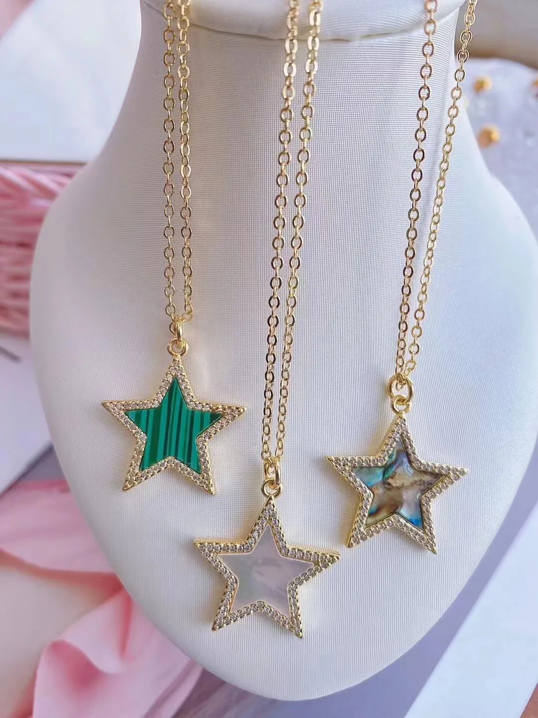 Star Charm Pendant Necklaces With Natural Abalone Shell And Zircon_voghion.com